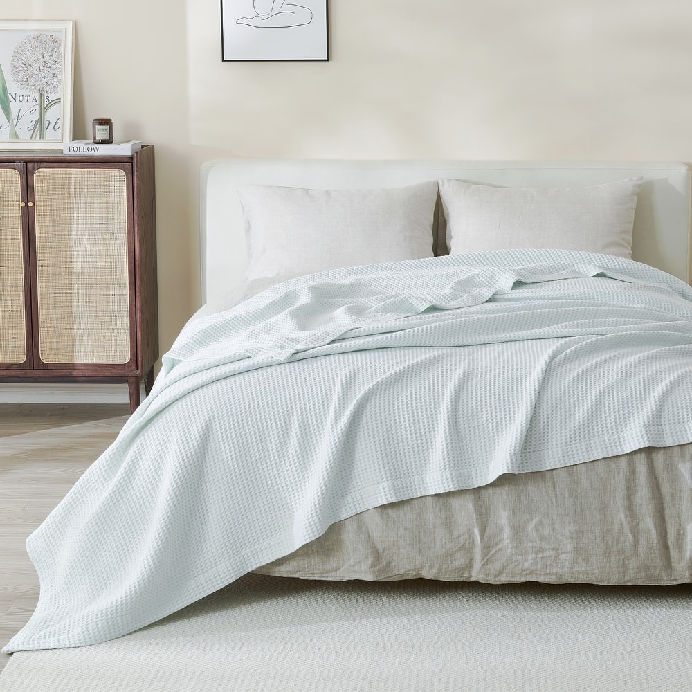 Linery & Co. 100% Cotton All-Season Lightweight Waffle Weave Knit Throw Blanket
