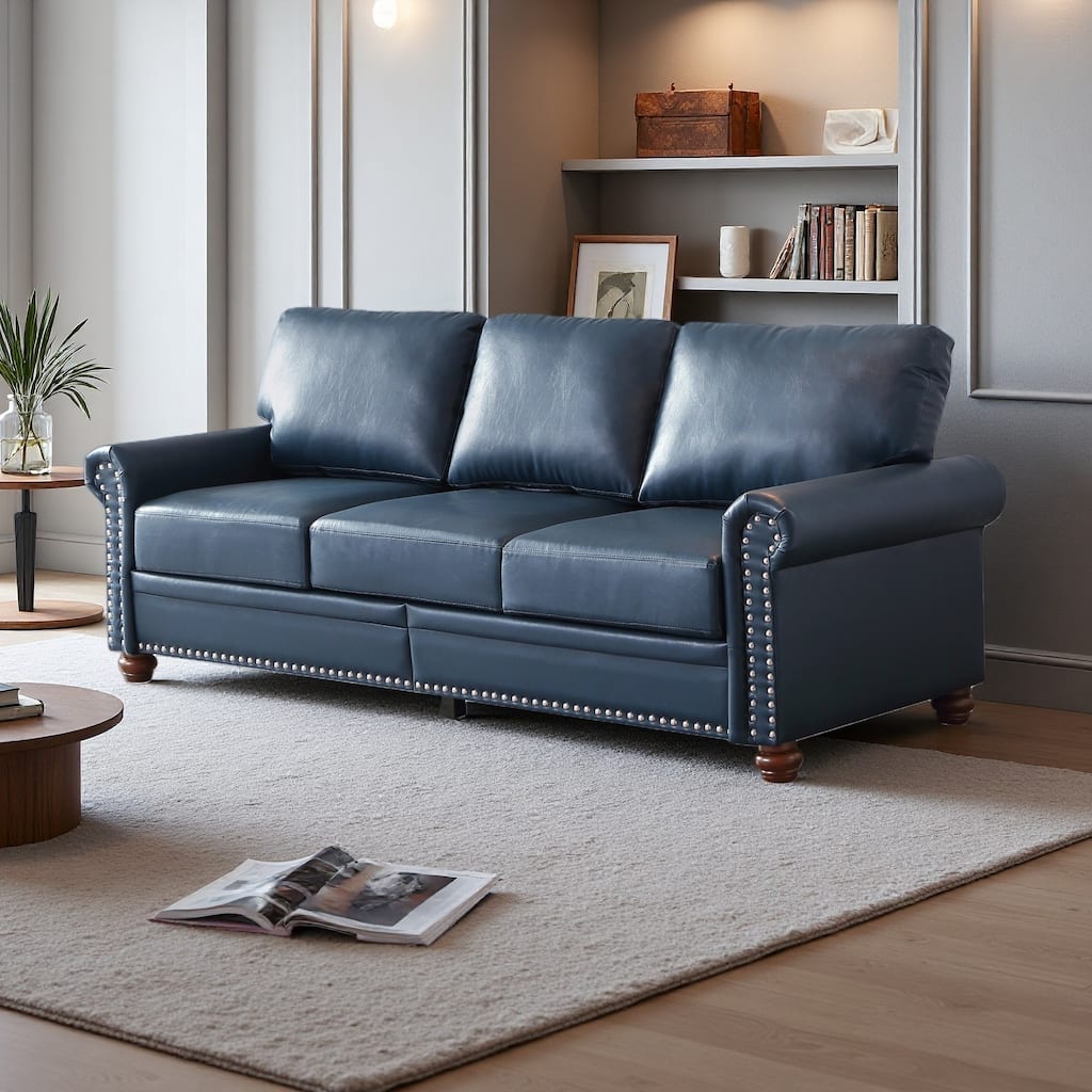 82.68" 3-Seater Sofa PU Leather Sofa with Storage, Solid Wood And Metal Frame, 6-Leg Support, Under-Seat Storage Boxes
