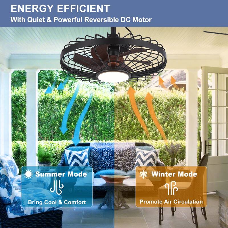 Outdoor Ceiling Fan with Light: 20 Inch Waterproof Gazebo Hanging - Plug in Remote App Control Caged Fans - 6 Speed Black