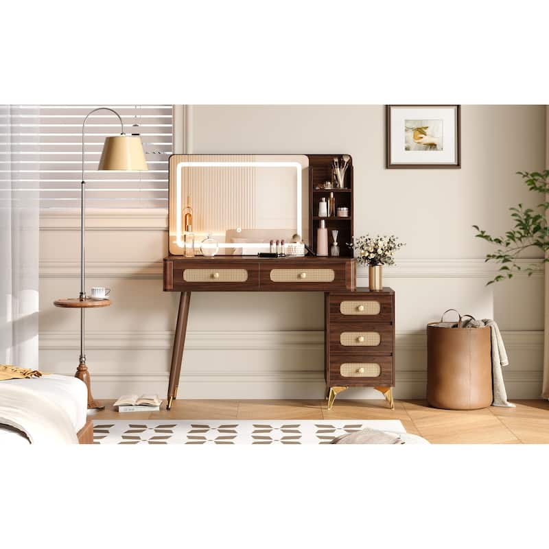 47"Makeup Vanity with Mirror and Lights, Vanity Desk with 5 Drawers and Storage Shelf, 3 Color Modes and Adjustable Brightness