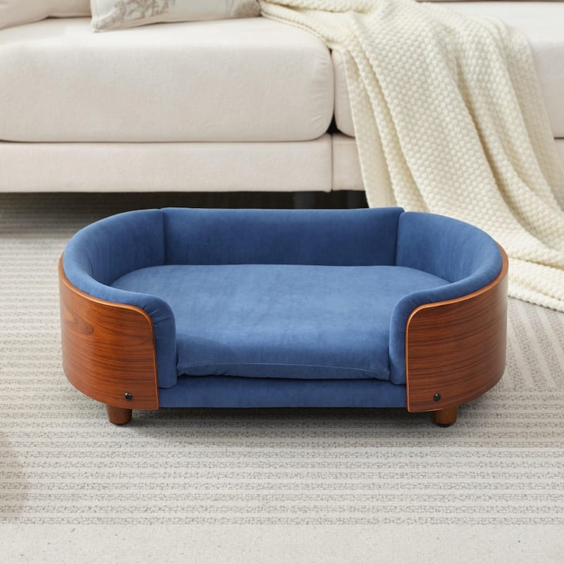 Scandinavian Velvet Pet Sofa with Wood Legs & Curved Back - Medium - Medium