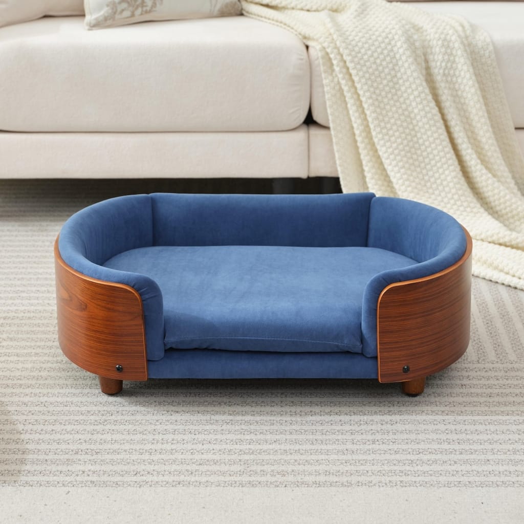 Scandinavian Velvet Pet Sofa with Wood Legs & Curved Back - Medium