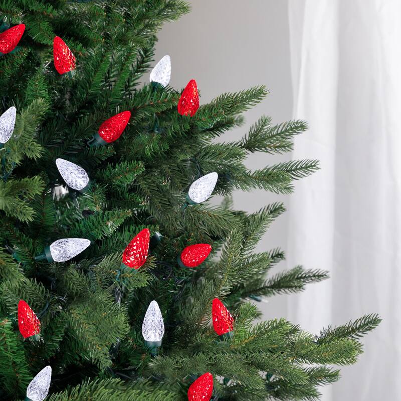 100 Red Pure White Faceted LED C9 Christmas Lights - 66 ft Green Wire