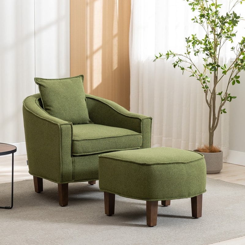 SEYNAR Mid Century Modern Barrel Chair Upholstered Club Accent Chair with Ottoman - Olive
