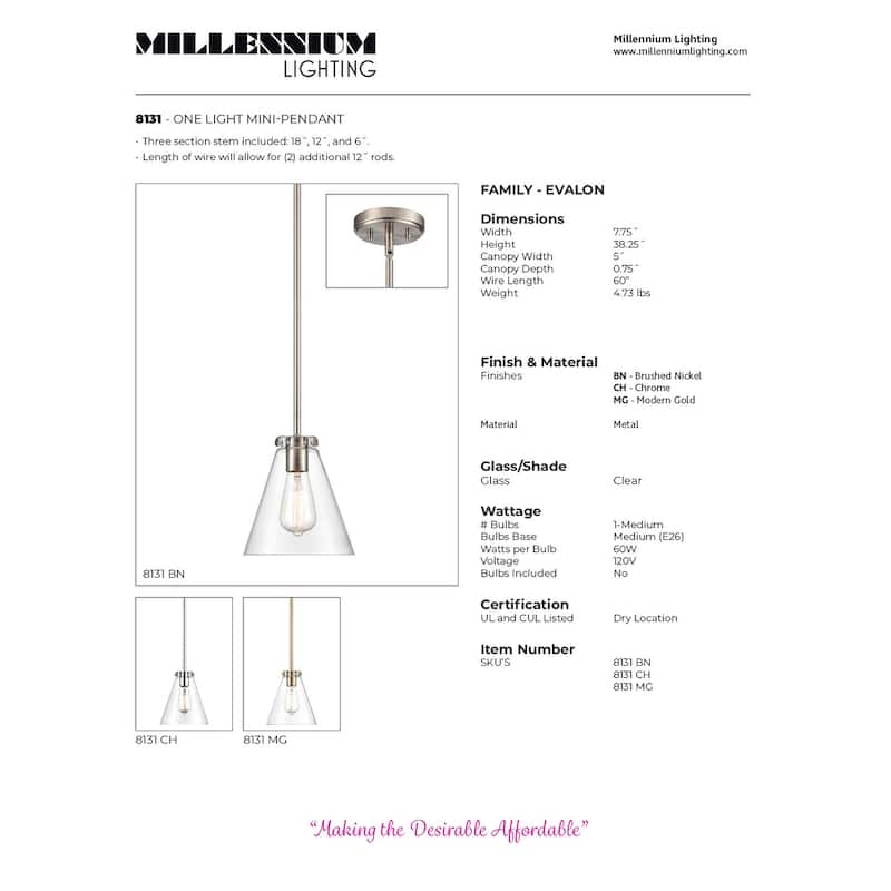 Millennium Lighting Aliza 1 Light Mini-Pendant