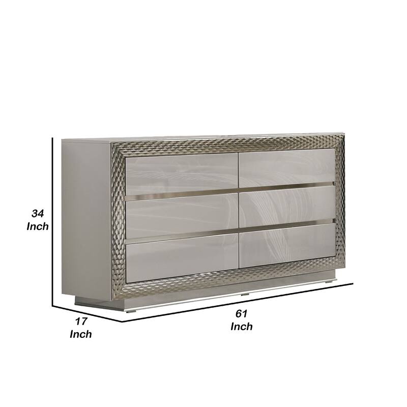 Vino 6 Drawer Wide Dresser, Gray Solid Wood, Silver Molding