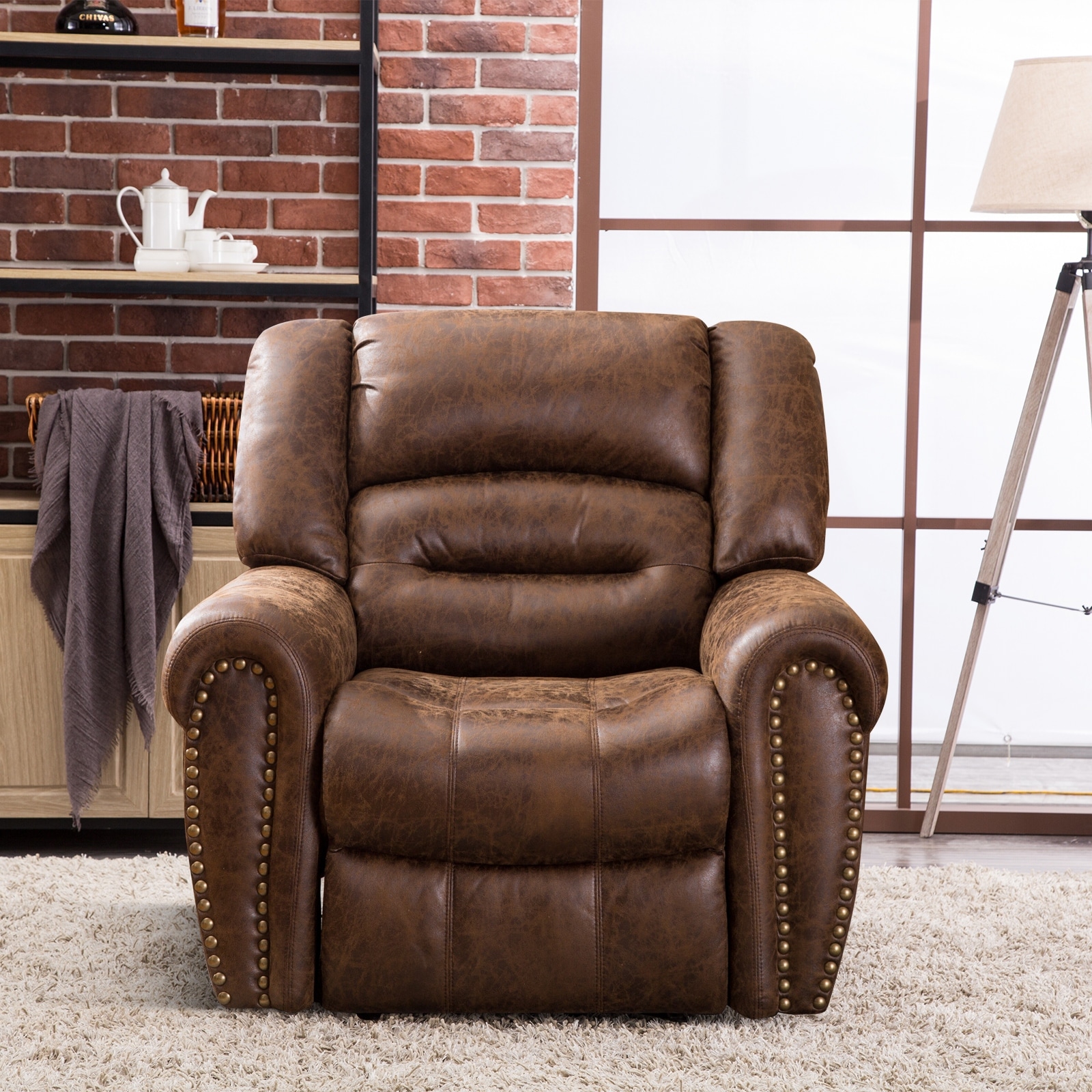 Electric Power Recliner Chair Traditional Brown Breathable Bonded Leather Sofa 