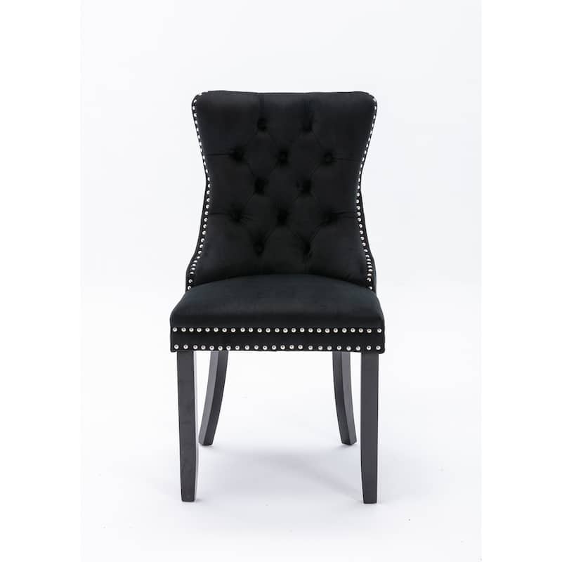 High-end Tufted Solid Wood Flax Upholstered Linen Dining Chair with Wood Legs Nailhead Trim 2-Pcs Set,Black Linen