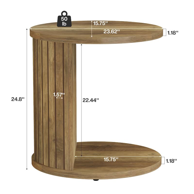 C-Shaped End Table for Couch, Fluted Sofa Side Table with Shelf