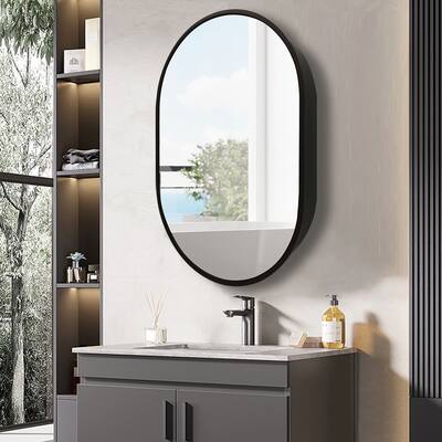 21 x 31 Oval Black Iron Surface Mount Medicine Cabinet with Mirror
