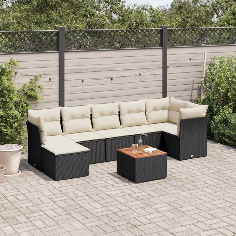 vidaXL Patio Sofa Set with Cushions Outdoor Furniture 8 Piece Poly Rattan - 24.4 x 24.4 x 27.2 - Black and Cream