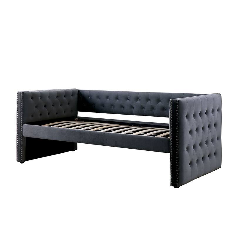 Gray Tufted Upholstered Daybed with Trundle, Nailhead Trim, Slat Kit Included