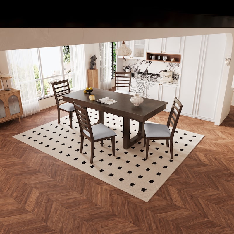 60"-78" Extendable Dining Table with Smooth Rails, Wooden Kitchen Table with Removable Leaf, Double U-Shape Base