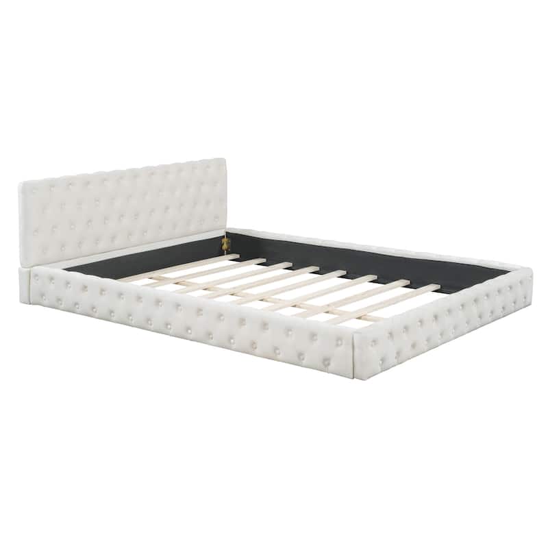 HomeRoots Beige Tufted Velvet Upholstered Queen Bed Frame