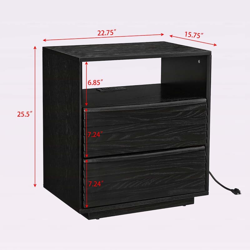 Modern Nightstand with Charging Station,2 Drawers,Open Shelf,and Louver Design
