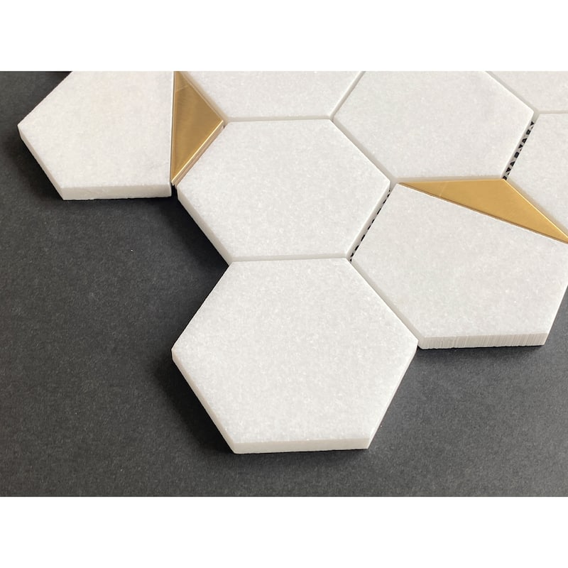 Thassos Whtie with Gold Metal 3" Hexagon Marble Wall and Floor Mosaic - Case (10 Sheets)