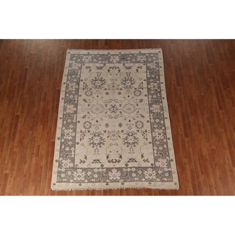 Ivory Oushak Indian Area Rug Hand-Knotted Wool Carpet - 6'3"x 8'8"
