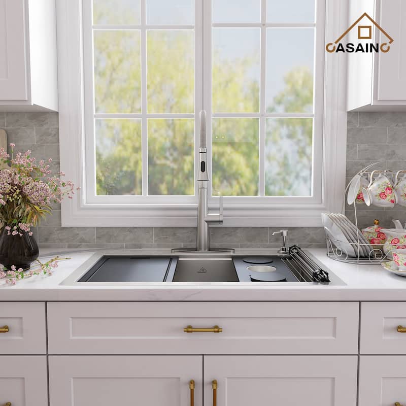 Handmade All-in-One Drop-In 2-hole Single Bowl Stainless Steel Workstation Kitchen Sink with Spring Neck Faucet and Accessories