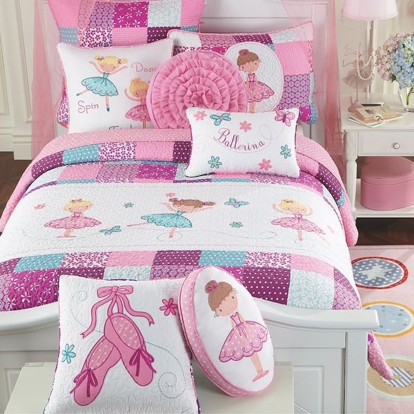 slide 2 of 6, Cozy Line Ballerina Pink Girls Reversible Cotton Quilt Bedding Set with Decorative Pillows