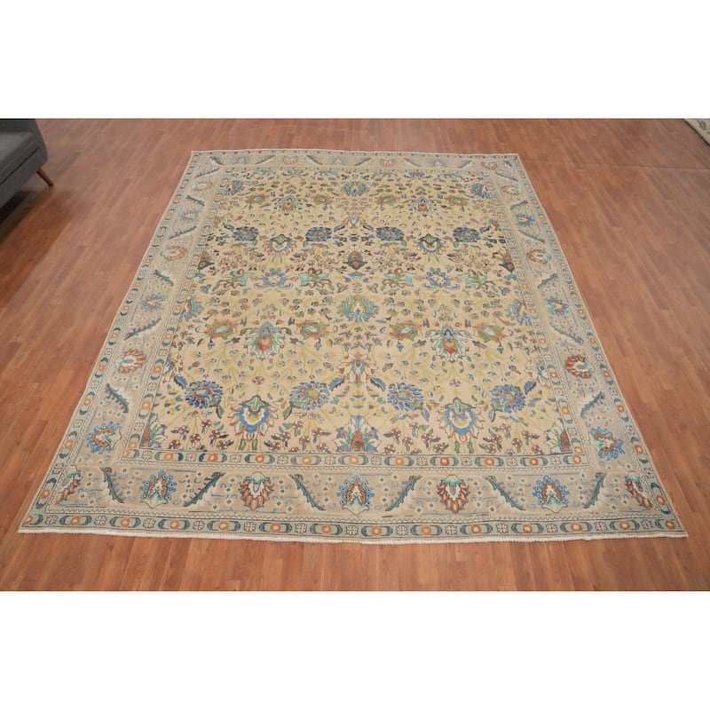 Hand Knotted Oriental 100% Wool Carpet Traditional All-Over Beige & Ivories Tabriz Area Rug - 12' 2'' X 10' 3''