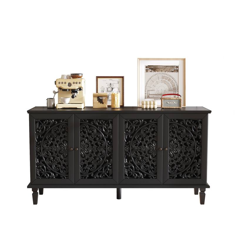 Buffet Cabinet with Floral Carvings with Solid Wood Legs&Antique Brass Handles&Adjustable Shelves,