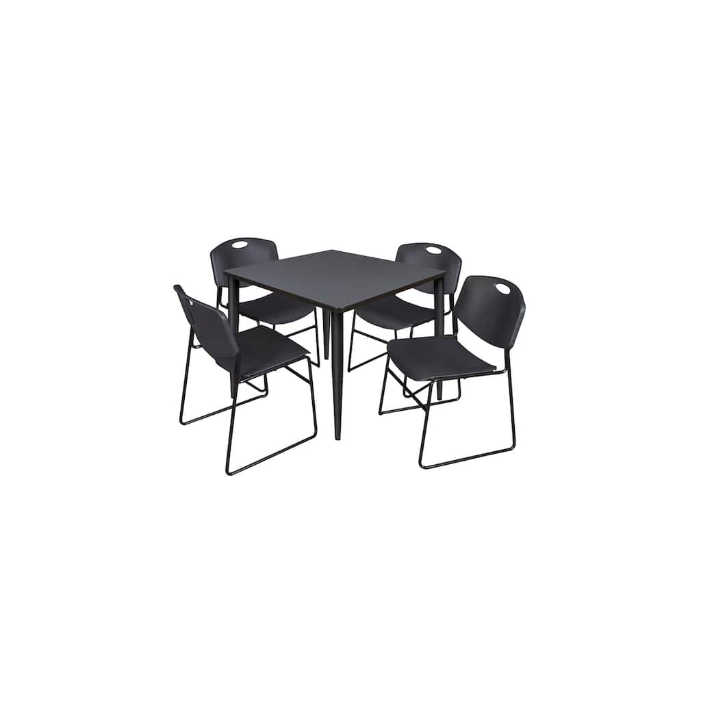 36 in. Square Breakroom Table- Grey Top, Black Base & 4 Stack Chairs- Black - Grey, Black