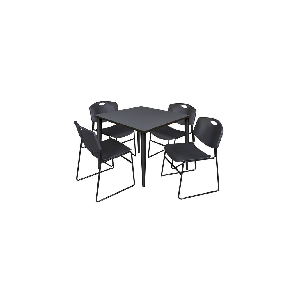 42 in. Square Breakroom Table- Grey Top, Black Base & 4 Stack Chairs- Black