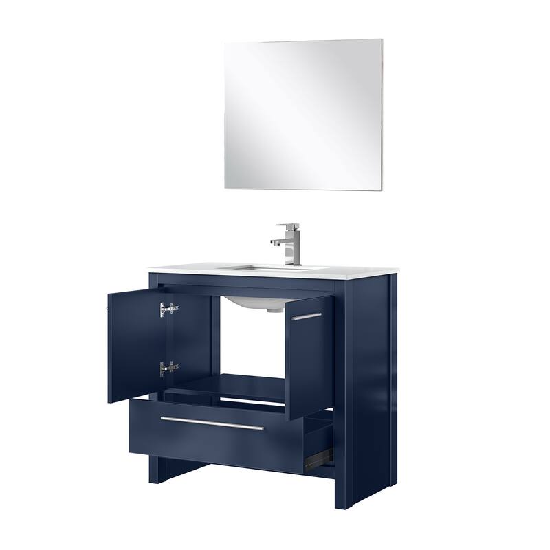 Lafarre Bath Vanity, White Quartz Top, Chrome Faucet Set and Mirror