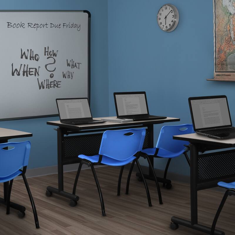 48" x 30" Flip Top Mobile Training Table with Modesty Panel- Maple and 2 "M" Stack Chairs- Blue