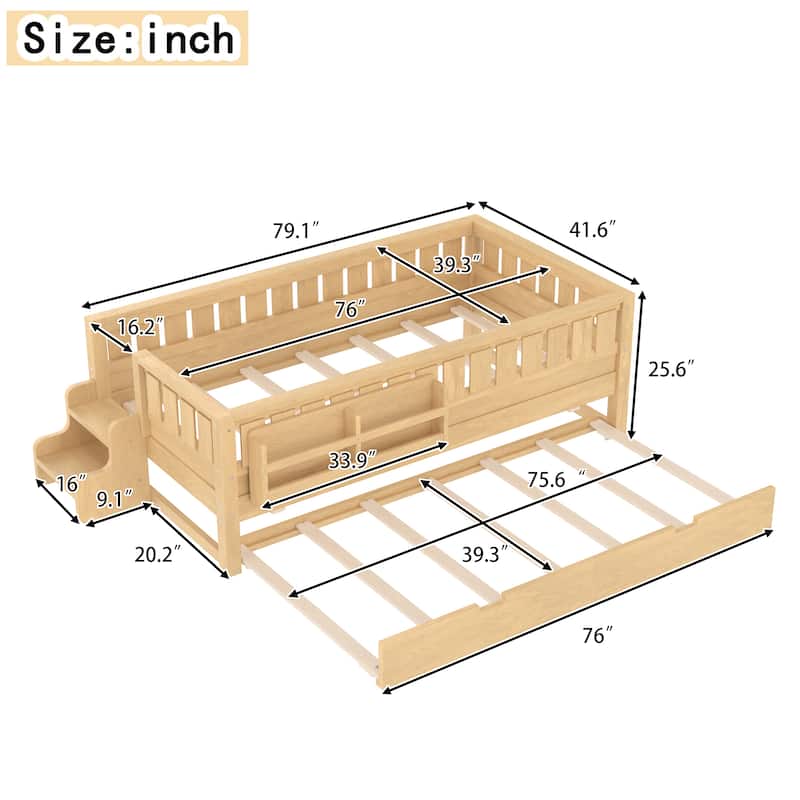 Full/Twin Size Wood Bed with Built-in Bookshelves and Storage Staircase, Safety Rails and Trundle Bed