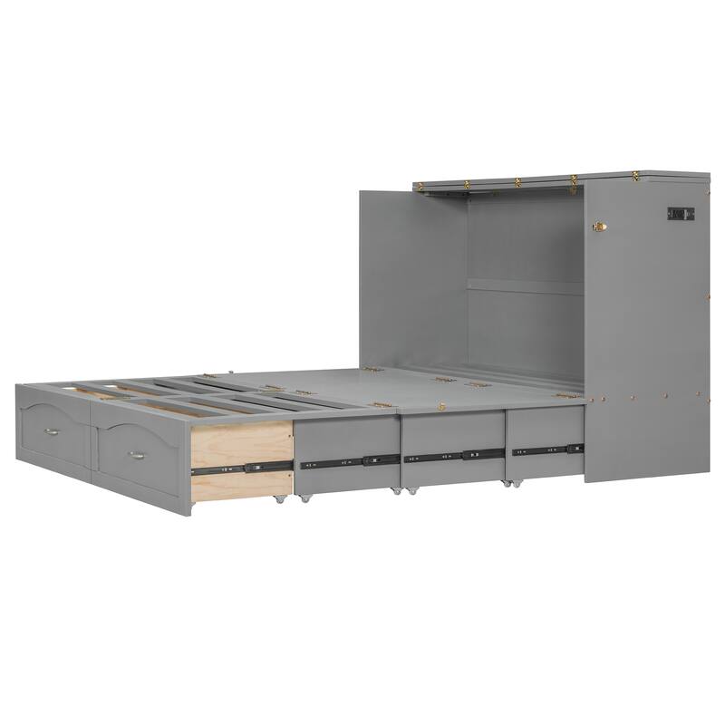 Queen Size Murphy Bed with USB Ports, Drawers, and Pulley Structure Design