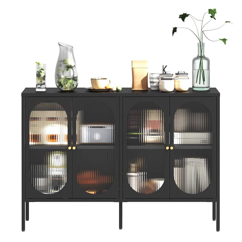 Metal Sideboard Cabinet with 4 Glass Door, Steel Locker Sideboard Buffet Cabinet, Sideboard Buffet Cabinet with 4 Doors - Black