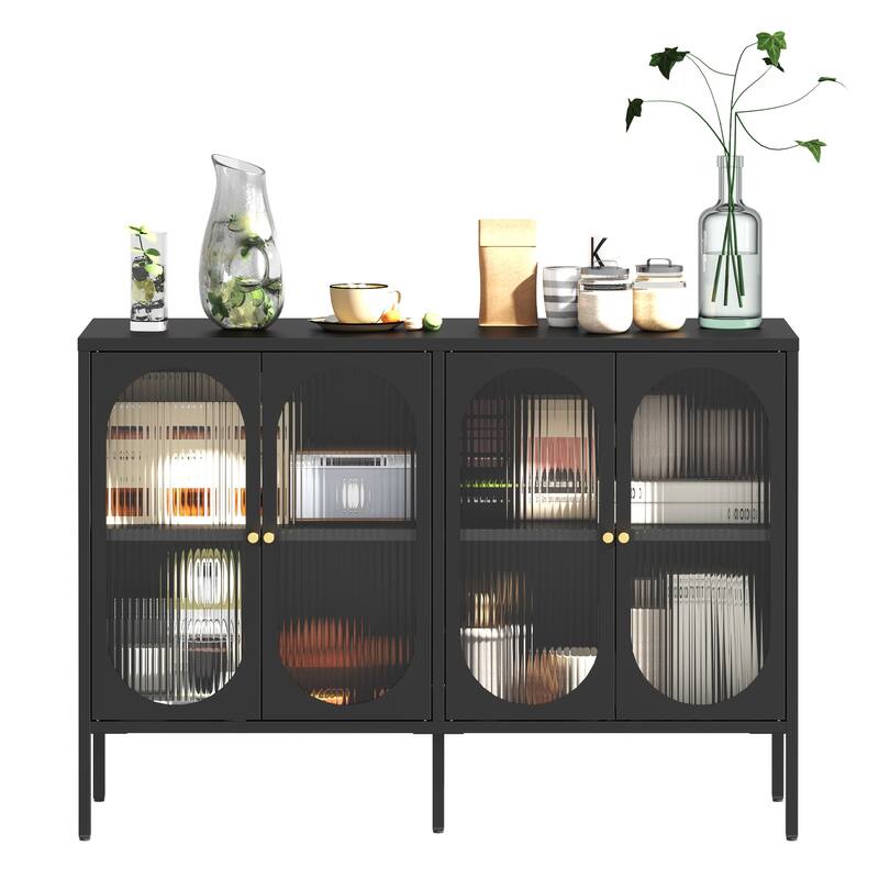 Metal Sideboard Cabinet with 4 Glass Door, Steel Locker Sideboard Buffet Cabinet, with 4 Doors, Kitchen Storage Cabinet