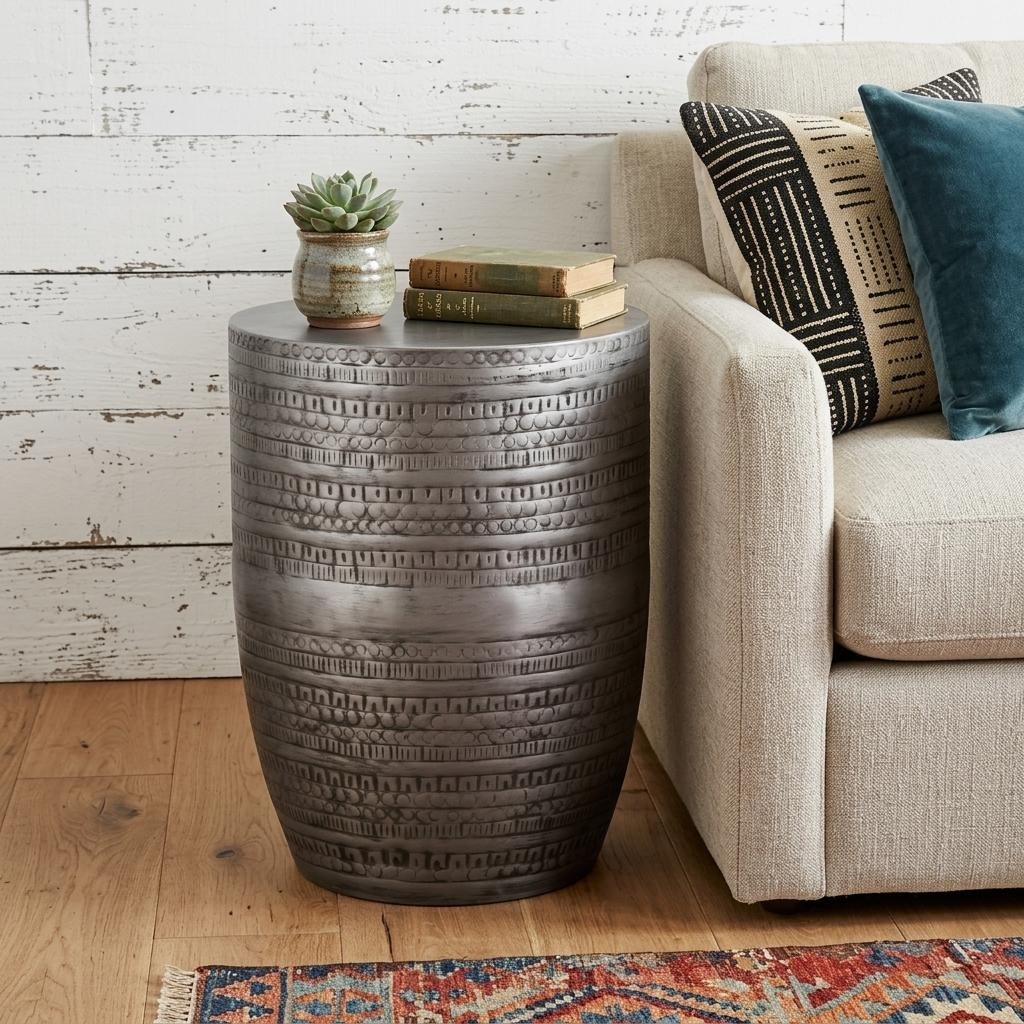 HomeRoots 20" Antique Silver Distressed Iron Round Drum End Table - 15.00 in. x 19.70 in. x 15.00 in.