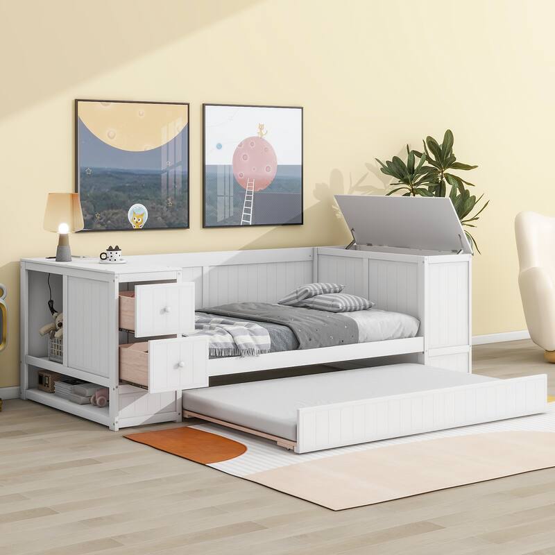 Twin Size Daybed with Storage, Trundle, and Charging Station in White