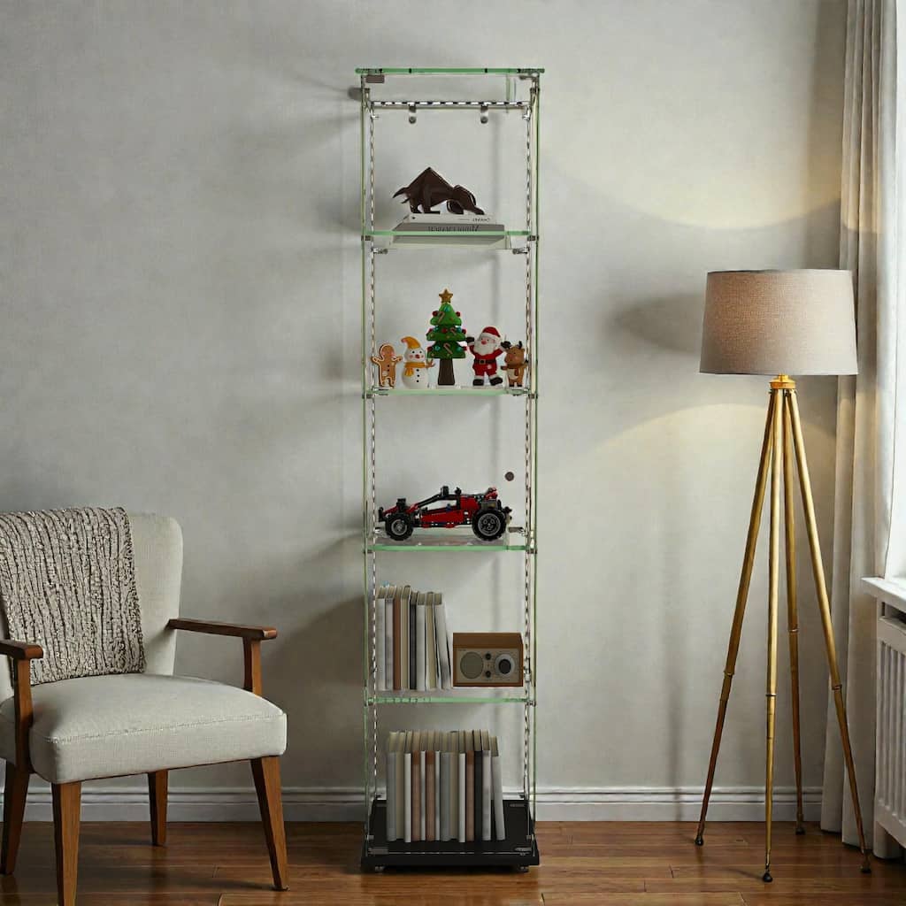 4-Tier Tempered Glass Display Case with 5 Dynamic LED Modes, Single Door Bookshelf Cabinet for Collectibles Home Office Decor