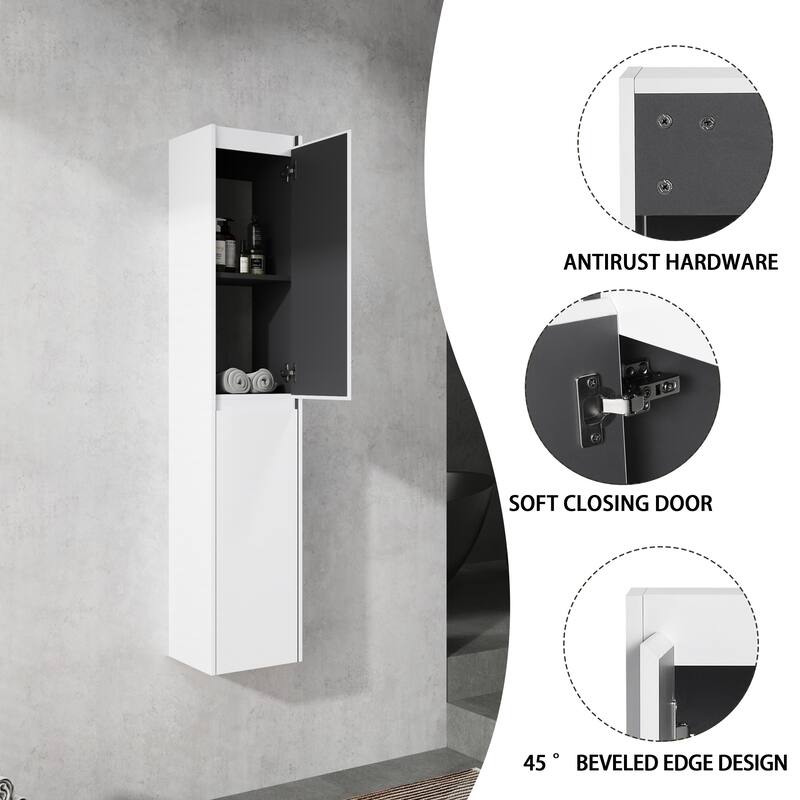 Modern Wall-Mounted Bathroom Side Cabinet with Soft-Close Doors, Floating Design, 6 Storage Compartments, 12-Inch Width