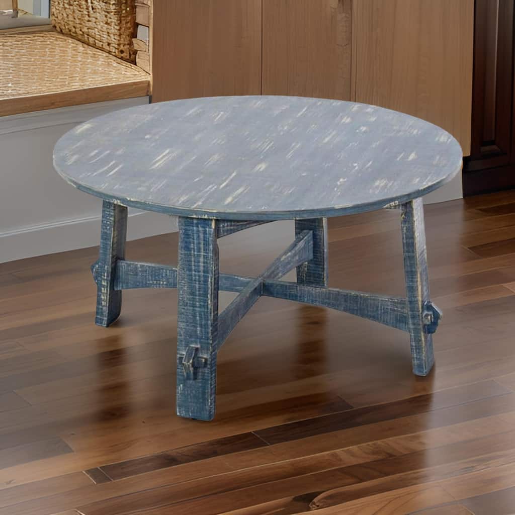 Rena Rustic Coffee Table, 36 Inch Round Top Distressed Ocean Blue Wood