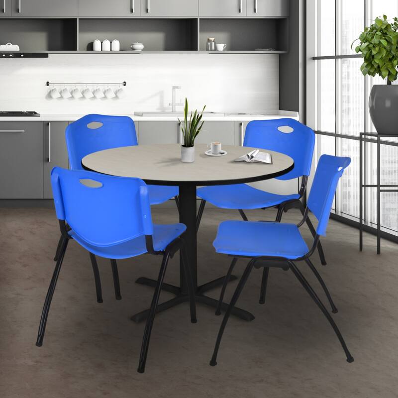 48" Round Breakroom Table- Maple & 4 'M' Stack Chairs- Blue - 48