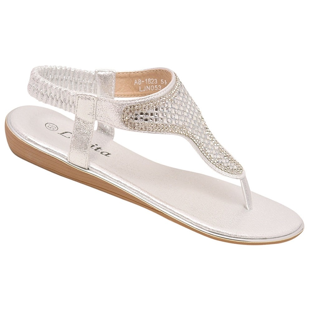 silver thong sandals with rhinestones