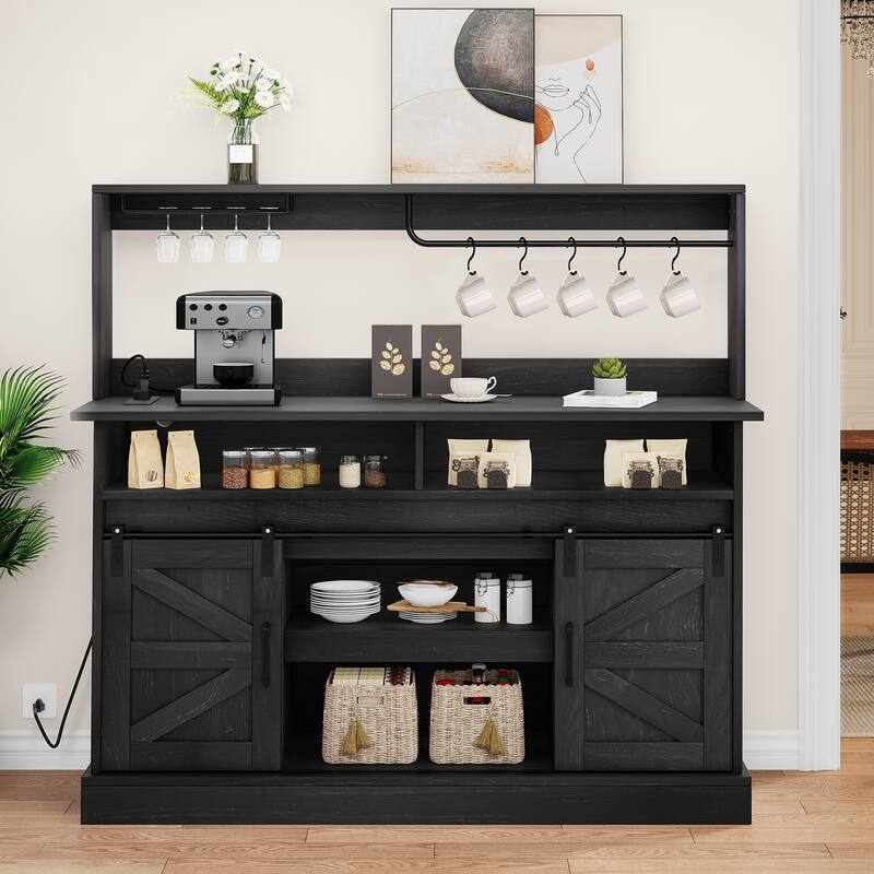 52" Farmhouse Coffee Bar Cabinet Wine Buffet Cabinet Kitchen Sideboard Buffet Cabinet - 15.1"W x 51.9"L x 51.5"H - Black Grey