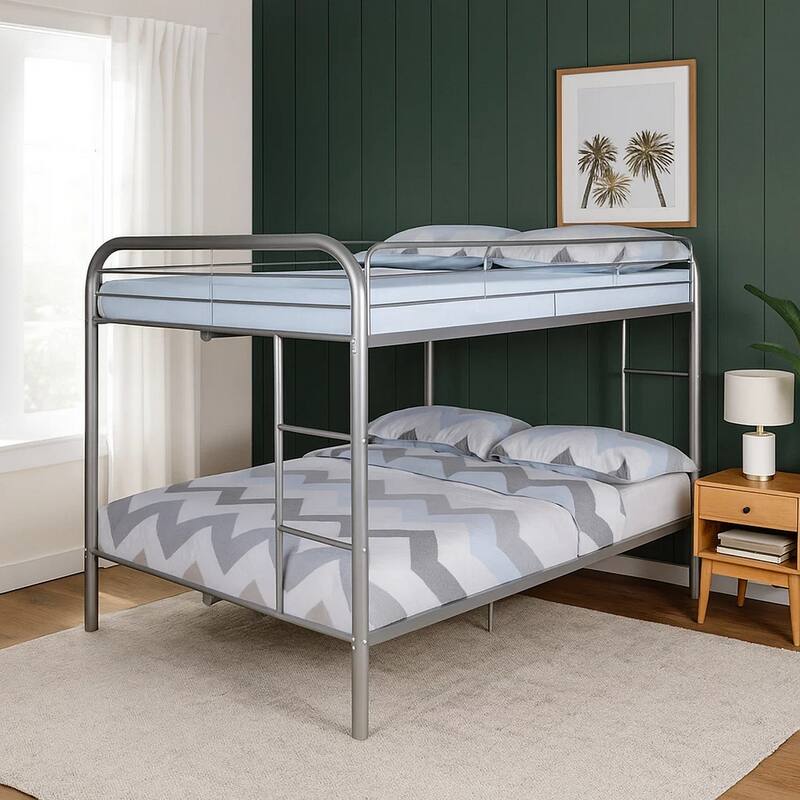 Fegy Full over Full Bunk Bed with Ladder and Rails, Silver Metal Frame