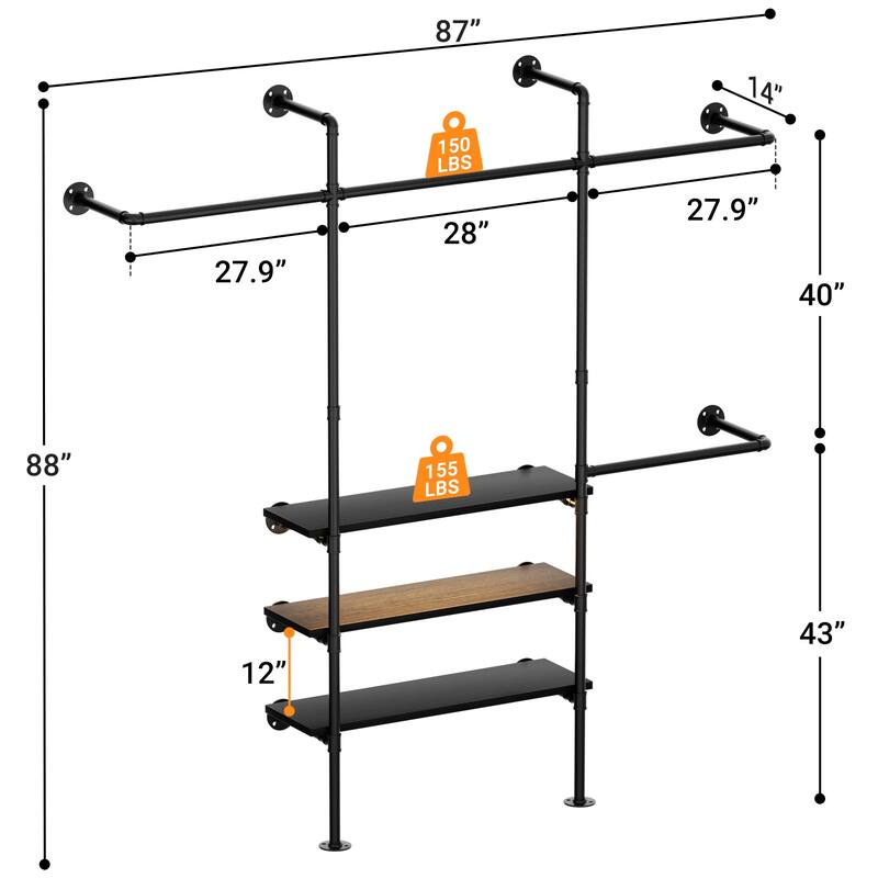 87"W Industrial Pipe Clothing Racks with LED Lights & Open Shelves,Reversible Walk-in Closet Oraganizer System Garment Racks