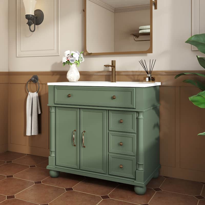 28"/36" Bathroom Vanity with Sink, Integrated Ceramic Basin Vanity Cabinet with Roman Column Base, Solid Wood Frame