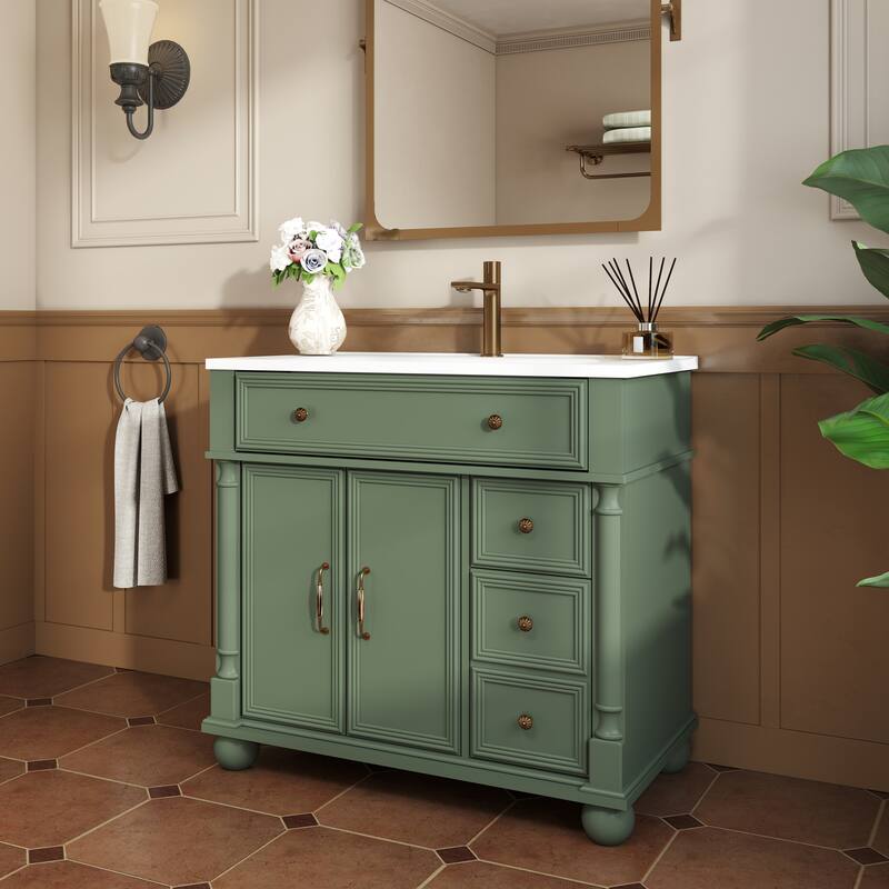 35.6-Inch Mid-Century Bathroom Vanity Sink with Roman Column Base, Farmhouse Freestanding Vanity Cabinet