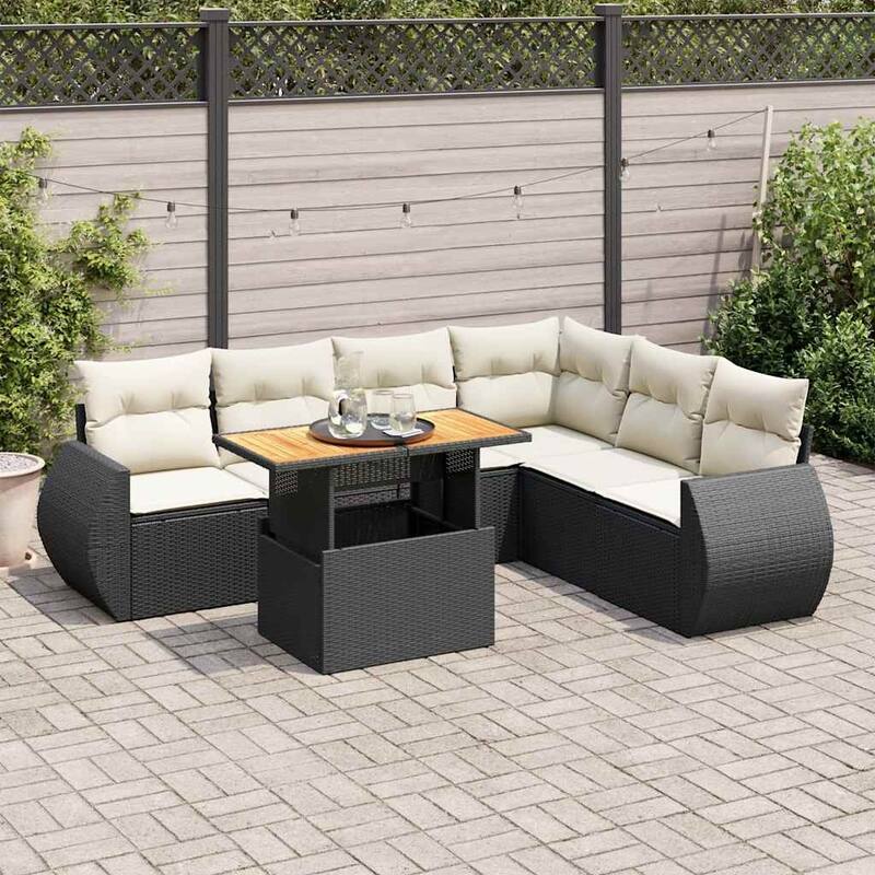 vidaXL Patio Sofa Set with Cushions Lounge Set Outdoor 7 Piece Poly Rattan - Black and cream