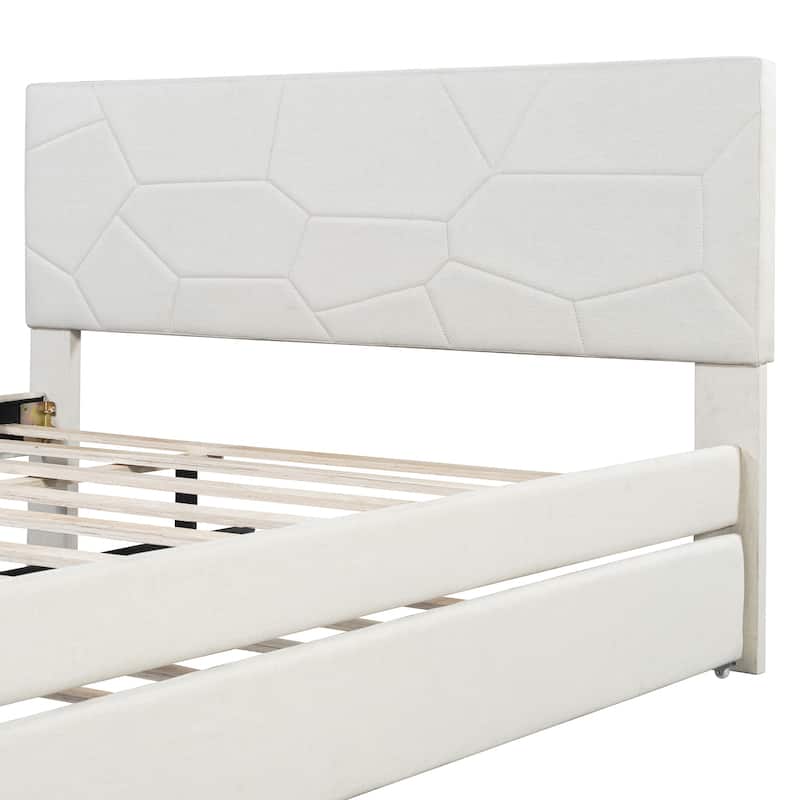 Roomfitters Queen Size Upholstered Platform Bed Frame with Twin XL Trundle and Geometric Patterned Headboard