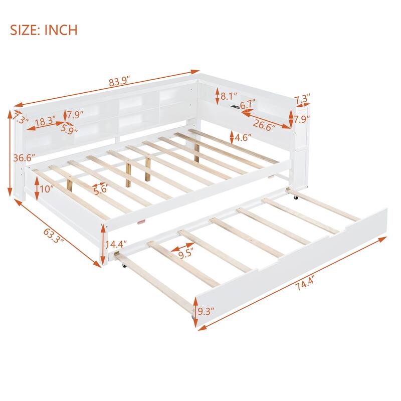 Wooden DayBed with Twin Trundle,Storage Shelf and USB Charging Ports - White