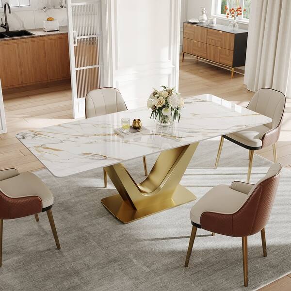 71'' Modern Rectangular Dining Table for 6, White Glossy Sintered Stone ...