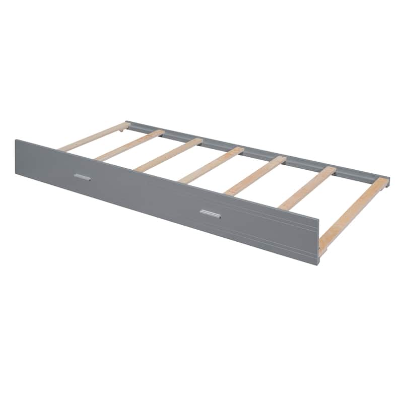 Twin/Full Size Bunk Bed with Trundle Bed and Storage Staircase, Solid Pinewood Bunk Bed Frame with Safety Guardrail